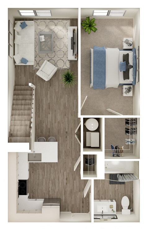 a stylized floor plan of a 1 bedroom apartment